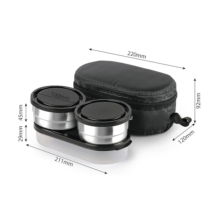 CELLO Double Treat Lunch Box with Fabric Jacket, Black | 2 Round Steel Containers & 1 Plastic Snack Box | Airtight, Leak-Proof & Odour-Free | Easy to Carry Tiffin for Office, School, College, Travel